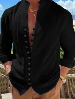 Clearance OUKU Men's Shirt Linen Shirt Summer Shirt Elegant Button Up Shirt Casual Shirt Black White Pink Blue Long Sleeve Plain Band Collar Summer Spring & Fall Daily Vacation Clothing Apparel