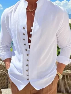 Clearance OUKU Men's Shirt Linen Shirt Summer Shirt Elegant Button Up Shirt Casual Shirt Black White Pink Blue Long Sleeve Plain Band Collar Summer Spring & Fall Daily Vacation Clothing Apparel