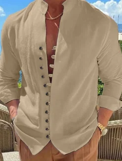 Clearance OUKU Men's Shirt Linen Shirt Summer Shirt Elegant Button Up Shirt Casual Shirt Black White Pink Blue Long Sleeve Plain Band Collar Summer Spring & Fall Daily Vacation Clothing Apparel