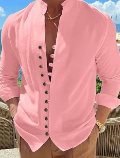Clearance OUKU Men's Shirt Linen Shirt Summer Shirt Elegant Button Up Shirt Casual Shirt Black White Pink Blue Long Sleeve Plain Band Collar Summer Spring & Fall Daily Vacation Clothing Apparel