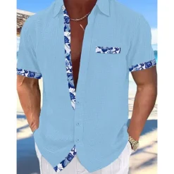New OUKU Men's Shirt Linen Shirt Summer Shirt Beach Wear Button Up Shirt Plain Vacation Curise Black White Pink Navy Blue Short Sleeve Collar Summer Spring Clothing Apparel