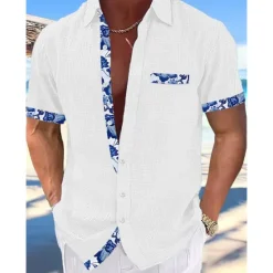 New OUKU Men's Shirt Linen Shirt Summer Shirt Beach Wear Button Up Shirt Plain Vacation Curise Black White Pink Navy Blue Short Sleeve Collar Summer Spring Clothing Apparel