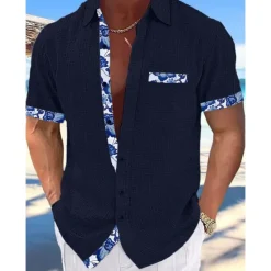 New OUKU Men's Shirt Linen Shirt Summer Shirt Beach Wear Button Up Shirt Plain Vacation Curise Black White Pink Navy Blue Short Sleeve Collar Summer Spring Clothing Apparel