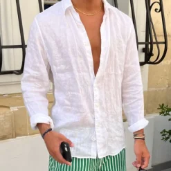 OUKU Men's Shirt Linen Shirt Summer Shirt Beach Shirt White Pink Blue Long Sleeve Plain Lapel Spring & Summer Casual Daily Clothing Apparel