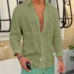 OUKU Men's Shirt Linen Shirt Summer Shirt Beach Shirt White Pink Blue Long Sleeve Plain Lapel Spring & Summer Casual Daily Clothing Apparel