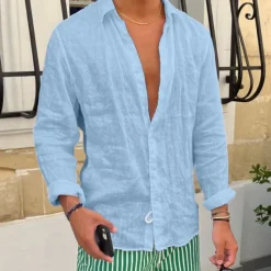 OUKU Men's Shirt Linen Shirt Summer Shirt Beach Shirt White Pink Blue Long Sleeve Plain Lapel Spring & Summer Casual Daily Clothing Apparel