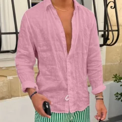 OUKU Men's Shirt Linen Shirt Summer Shirt Beach Shirt White Pink Blue Long Sleeve Plain Lapel Spring & Summer Casual Daily Clothing Apparel