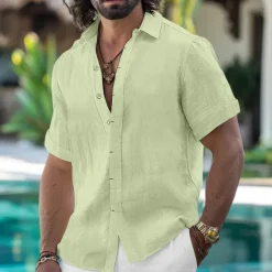 Online OUKU Men's Shirt Linen Shirt Summer Shirt Button Down Shirt Casual Shirt Beach Shirt Solid Color Vacation Daily Black White Pink Blue Short Sleeve Collar Summer Clothing Apparel