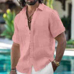 Online OUKU Men's Shirt Linen Shirt Summer Shirt Button Down Shirt Casual Shirt Beach Shirt Solid Color Vacation Daily Black White Pink Blue Short Sleeve Collar Summer Clothing Apparel