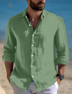 Clearance OUKU Men's Shirt Linen Shirt Summer Shirt Beach Wear Casual Shirt Button Up Shirt Plain Vacation Casual Black White Pink Blue Long Sleeve Lapel Spring & Summer Clothing Apparel