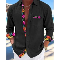 Hot OUKU Men's Shirt Linen Shirt Summer Shirt Beach Wear Button Up Shirt Plain Vacation Curise Black White Pink Blue Long Sleeve Collar Spring & Summer Clothing Apparel
