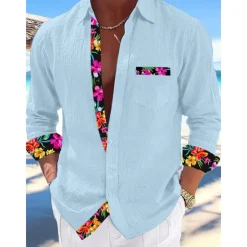 Hot OUKU Men's Shirt Linen Shirt Summer Shirt Beach Wear Button Up Shirt Plain Vacation Curise Black White Pink Blue Long Sleeve Collar Spring & Summer Clothing Apparel