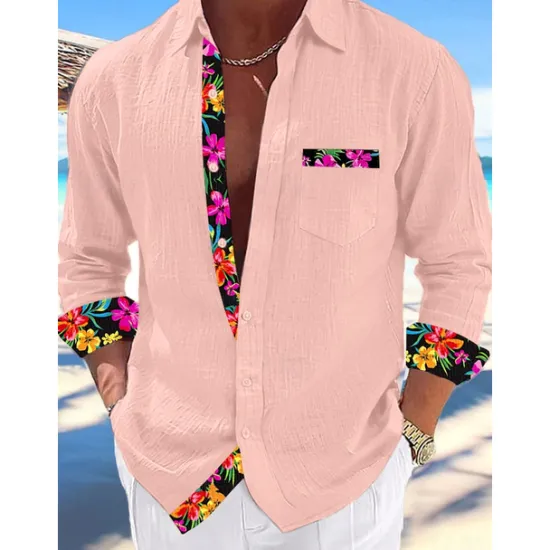 Hot OUKU Men's Shirt Linen Shirt Summer Shirt Beach Wear Button Up Shirt Plain Vacation Curise Black White Pink Blue Long Sleeve Collar Spring & Summer Clothing Apparel