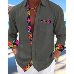 Hot OUKU Men's Shirt Linen Shirt Summer Shirt Beach Wear Button Up Shirt Plain Vacation Curise Black White Pink Blue Long Sleeve Collar Spring & Summer Clothing Apparel