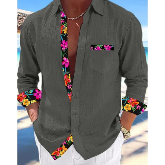 Hot OUKU Men's Shirt Linen Shirt Summer Shirt Beach Wear Button Up Shirt Plain Vacation Curise Black White Pink Blue Long Sleeve Collar Spring & Summer Clothing Apparel