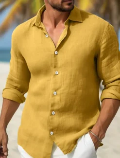 Best OUKU Men's Shirt Linen Shirt Summer Shirt Beach Wear Button Up Shirt Plain Vacation Curise Yellow Navy Blue Long Sleeve Turndown Spring & Summer Clothing Apparel