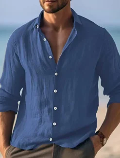 Best OUKU Men's Shirt Linen Shirt Summer Shirt Beach Wear Button Up Shirt Plain Vacation Curise Yellow Navy Blue Long Sleeve Turndown Spring & Summer Clothing Apparel