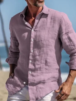 Best OUKU Men's Shirt Linen Shirt Summer Shirt Beach Wear Button Up Shirt Plain Vacation Curise Yellow Navy Blue Long Sleeve Turndown Spring & Summer Clothing Apparel