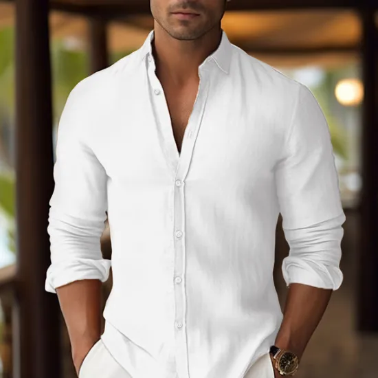 Hot OUKU Men's Shirt Linen Shirt Summer Shirt Beach Wear Button Up Shirt Plain Vacation Curise White Pink Blue Orange Long Sleeve Lapel Spring & Summer Clothing Apparel