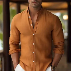 Hot OUKU Men's Shirt Linen Shirt Summer Shirt Beach Wear Button Up Shirt Plain Vacation Curise White Pink Blue Orange Long Sleeve Lapel Spring & Summer Clothing Apparel