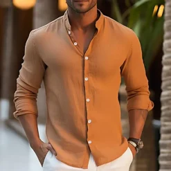 Hot OUKU Men's Shirt Linen Shirt Summer Shirt Beach Wear Button Up Shirt Plain Vacation Curise White Pink Blue Orange Long Sleeve Lapel Spring & Summer Clothing Apparel