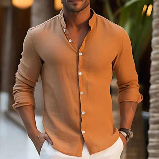 Hot OUKU Men's Shirt Linen Shirt Summer Shirt Beach Wear Button Up Shirt Plain Vacation Curise White Pink Blue Orange Long Sleeve Lapel Spring & Summer Clothing Apparel