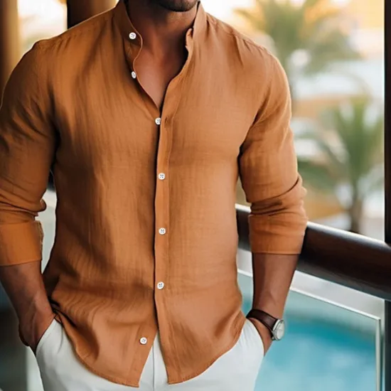 Hot OUKU Men's Shirt Linen Shirt Summer Shirt Beach Wear Button Up Shirt Plain Vacation Curise White Pink Blue Orange Long Sleeve Lapel Spring & Summer Clothing Apparel