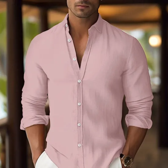Hot OUKU Men's Shirt Linen Shirt Summer Shirt Beach Wear Button Up Shirt Plain Vacation Curise White Pink Blue Orange Long Sleeve Lapel Spring & Summer Clothing Apparel