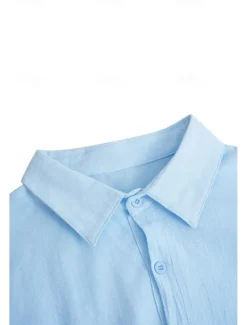 Outlet OUKU Men's Shirt Linen Shirt Summer Shirt Beach Wear Button Up Shirt Plain Casual Daily Black White Pink Navy Blue Long Sleeve Turndown Spring & Summer Clothing Apparel