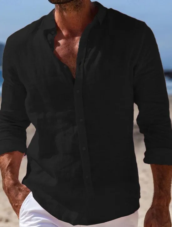 Outlet OUKU Men's Shirt Linen Shirt Summer Shirt Beach Wear Button Up Shirt Plain Casual Daily Black White Pink Navy Blue Long Sleeve Turndown Spring & Summer Clothing Apparel