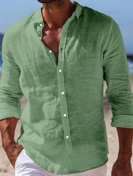 Outlet OUKU Men's Shirt Linen Shirt Summer Shirt Beach Wear Button Up Shirt Plain Casual Daily Black White Pink Navy Blue Long Sleeve Turndown Spring & Summer Clothing Apparel