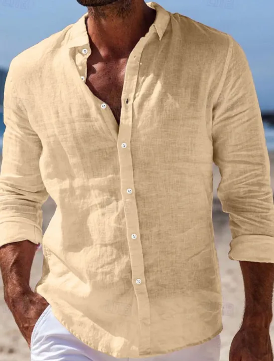 Outlet OUKU Men's Shirt Linen Shirt Summer Shirt Beach Wear Button Up Shirt Plain Casual Daily Black White Pink Navy Blue Long Sleeve Turndown Spring & Summer Clothing Apparel