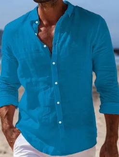 Outlet OUKU Men's Shirt Linen Shirt Summer Shirt Beach Wear Button Up Shirt Plain Casual Daily Black White Pink Navy Blue Long Sleeve Turndown Spring & Summer Clothing Apparel