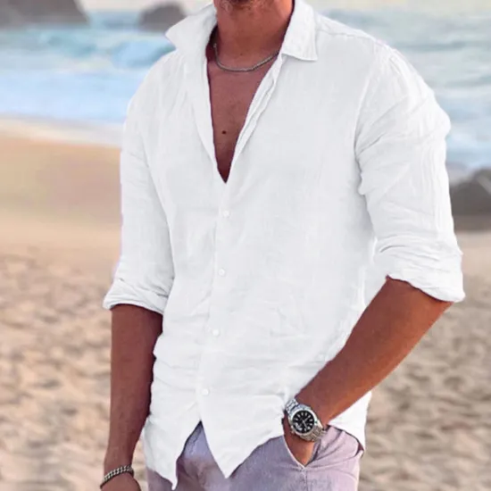 Online OUKU Men's Shirt Linen Shirt Summer Shirt Beach Wear Button Up Shirt Solid Color Outdoor Vacation Black White Pink Blue Long Sleeve Turndown Spring & Summer Clothing Apparel Button-Down