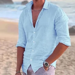 Online OUKU Men's Shirt Linen Shirt Summer Shirt Beach Wear Button Up Shirt Solid Color Outdoor Vacation Black White Pink Blue Long Sleeve Turndown Spring & Summer Clothing Apparel Button-Down