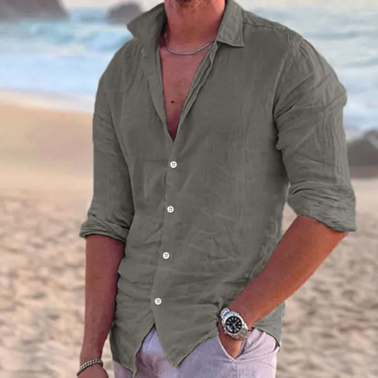 Online OUKU Men's Shirt Linen Shirt Summer Shirt Beach Wear Button Up Shirt Solid Color Outdoor Vacation Black White Pink Blue Long Sleeve Turndown Spring & Summer Clothing Apparel Button-Down