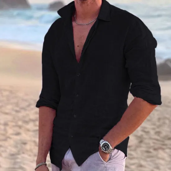 Online OUKU Men's Shirt Linen Shirt Summer Shirt Beach Wear Button Up Shirt Solid Color Outdoor Vacation Black White Pink Blue Long Sleeve Turndown Spring & Summer Clothing Apparel Button-Down
