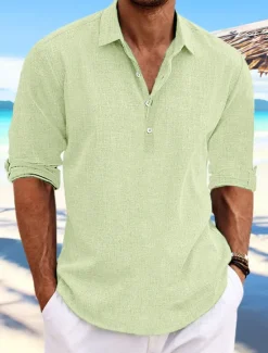 Sale OUKU Men's Shirt Linen Shirt Summer Shirt Beach Shirt Plain Casual Daily Black Blue Green Khaki Long Sleeve Lapel Spring & Summer Clothing Apparel