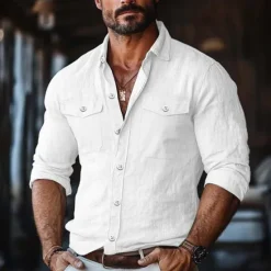 Best OUKU Men's Shirt Linen Shirt Summer Shirt Button Up Shirt Solid Color Vacation Street White Green Khaki Light Blue Long Sleeve Collar Clothing Apparel Pocket