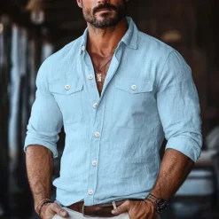 Best OUKU Men's Shirt Linen Shirt Summer Shirt Button Up Shirt Solid Color Vacation Street White Green Khaki Light Blue Long Sleeve Collar Clothing Apparel Pocket