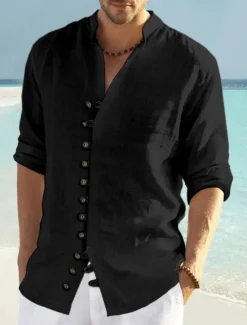 Discount OUKU Men's Shirt Linen Shirt Summer Shirt Beach Wear Button Up Shirt Plain Vacation Curise Black White Pink Blue Long Sleeve Collar Spring & Summer Clothing Apparel