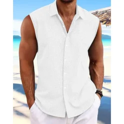 Discount OUKU Men's Shirt Linen Shirt Summer Shirt Beach Wear Button Up Shirt Plain Vacation Curise White Pink Light Blue Short Sleeve Collar Summer Spring Clothing Apparel