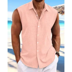 Discount OUKU Men's Shirt Linen Shirt Summer Shirt Beach Wear Button Up Shirt Plain Vacation Curise White Pink Light Blue Short Sleeve Collar Summer Spring Clothing Apparel