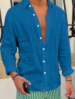 Best OUKU Men's Shirt Linen Shirt Summer Shirt Beach Shirt Untucked Shirts Plain Vacation Casual Black White Pink Royal Blue Long Sleeve Lapel Spring & Summer Clothing Apparel
