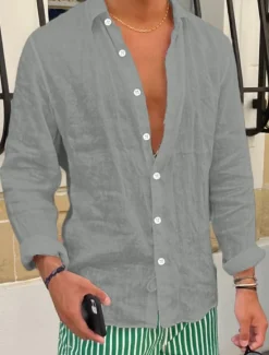 Best OUKU Men's Shirt Linen Shirt Summer Shirt Beach Shirt Untucked Shirts Plain Vacation Casual Black White Pink Royal Blue Long Sleeve Lapel Spring & Summer Clothing Apparel
