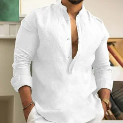 Discount OUKU Men's Shirt Linen Shirt Summer Shirt Beach Shirt Henley Shirt Black White Yellow Long Sleeve Plain Henley Spring & Summer Casual Daily Clothing Apparel