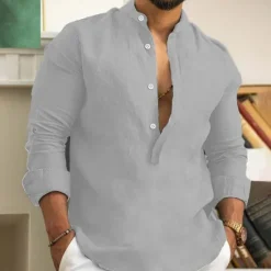 Discount OUKU Men's Shirt Linen Shirt Summer Shirt Beach Shirt Henley Shirt Black White Yellow Long Sleeve Plain Henley Spring & Summer Casual Daily Clothing Apparel