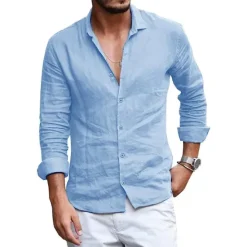 Clearance OUKU Men's Shirt Linen Shirt Summer Shirt Beach Shirt Yellow Pink Blue Long Sleeve Plain Lapel Spring & Summer Hawaiian Holiday Clothing Apparel Basic