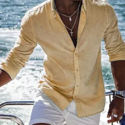 Clearance OUKU Men's Shirt Linen Shirt Summer Shirt Beach Shirt Yellow Pink Blue Long Sleeve Plain Lapel Spring & Summer Hawaiian Holiday Clothing Apparel Basic