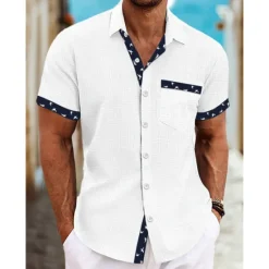 Online OUKU Men's Shirt Linen Shirt Summer Shirt Beach Wear Button Up Shirt Plain Casual Daily White Blue Green Khaki Short Sleeve Collar Summer Spring Clothing Apparel